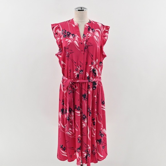 Charter Club Moroccan Pink Combo Floral Print Dress Size 18W Flutter Sleeve Tie - Picture 1 of 13